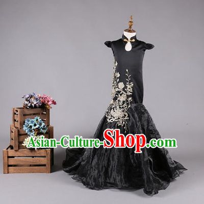 Top Grade Compere Professional Performance Catwalks Costume, China Tang Suit Black Cheongsam Children Chorus Fishtail Full Dress Modern Dance Baby Princess Modern Fancywork Mermaid Long Trailing Dress for Girls Kids