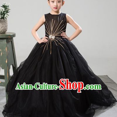 Top Grade Compere Professional Performance Catwalks Costume, Children Chorus Customize Black Bubble Full Dress Modern Dance Baby Princess Modern Fancywork Long Trailing Dress for Girls Kids