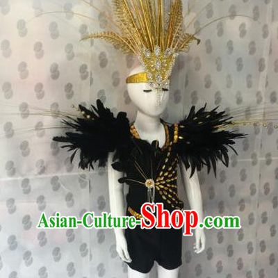 Top Grade Compere Professional Performance Catwalks Costume, Children Chorus Black Feather Clothing Modern Dance Modern Fancywork Clothing for Boys Kids