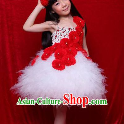 Top Grade Compere Professional Performance Catwalks Costume, Children Chorus Handmade Customize White Veil Bubble Full Dress Modern Dance Baby Princess Modern Fancywork Ball Gown Dress for Girls Kids