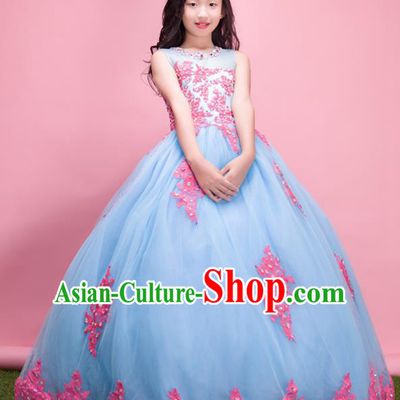 Top Grade Compere Professional Performance Catwalks Costume, Children Chorus Handmade Customize Blue Veil Bubble Full Dress Modern Dance Baby Princess Modern Fancywork Ball Gown Long Dress for Girls Kids