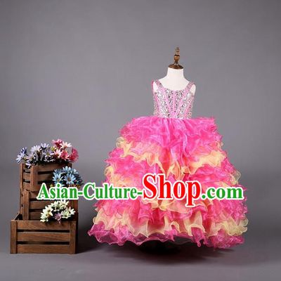 Top Grade Compere Professional Performance Catwalks Costume, Children Chorus Handmade Customize Pink Bubble Full Dress Modern Dance Baby Princess Modern Fancywork Ball Gown Long Dress for Girls Kids