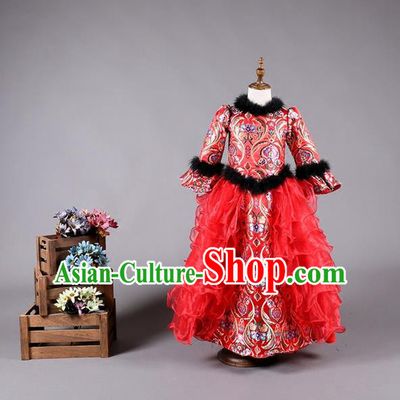 Top Grade Compere Professional Performance Catwalks Costume, China Tang Suit Red Cheongsam Children Chorus Formal Dress Modern Dance Baby Princess Modern Fancywork Long Trailing Dress for Girls Kids
