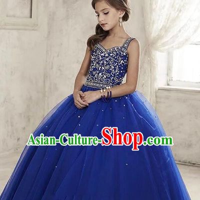 Top Grade Compere Professional Performance Catwalks Costume, Children Chorus Handmade Customize Blue Veil Crystal Bubble Full Dress Modern Dance Baby Princess Modern Fancywork Ball Gown Long Dress for Girls Kids