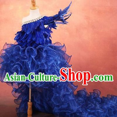 Top Grade Compere Professional Performance Catwalks Costume, Children Chorus Customize Blue Bubble Full Dress Modern Dance Baby Princess Modern Fancywork Ball Gown Long Trailing Dress for Girls Kids