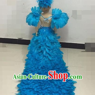 Top Grade Compere Professional Performance Catwalks Swimsuit Costume, Children Chorus Customize Blue Feather Full Dress Modern Dance Baby Princess Modern Fancywork Long Trailing Clothing for Girls Kids