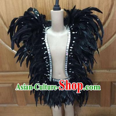 Top Grade Compere Professional Performance Catwalks Swimsuit Costume, Children Chorus Black Feather Formal Dress Modern Dance Model Fancywork Clothing for Boys Kids