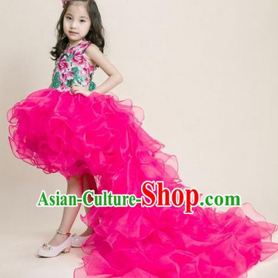 Top Grade Compere Professional Performance Catwalks Costume, Children Chorus Pink Veil Formal Dress Modern Dance Baby Princess Modern Fancywork Long Trailing Dress for Girls Kids
