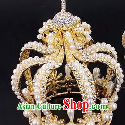 Top Grade Handmade Classical Hair Accessories, Children Baroque Style Wedding Golden Pearl Royal Crown Hair Jewellery Hair Clasp for Kids Girls
