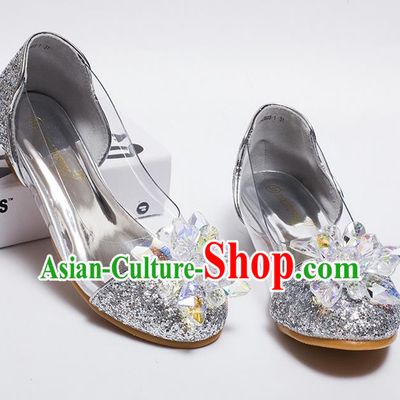 Top Grade Handmade Classical Crystal Dance Shoes, Children Baroque Style Wedding Princess silver Dance Shoes for Girls