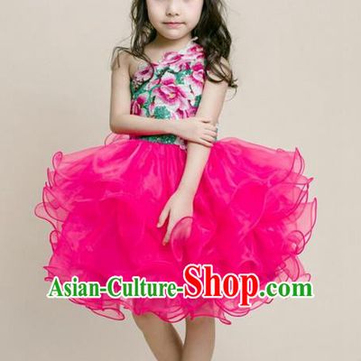 Top Grade Compere Professional Performance Catwalks Costume, Children Chorus Pink Bubble Formal Dress Modern Dance Baby Princess Modern Fancywork Dress for Girls Kids