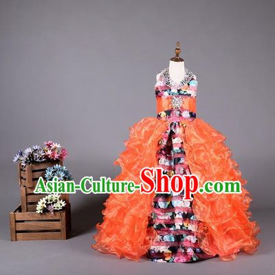 Top Grade Compere Professional Performance Catwalks Costume, Children Chorus Customize Red Flowers Bubble Full Dress Modern Dance Baby Princess Modern Fancywork Long Ball Gown Dress for Girls Kids