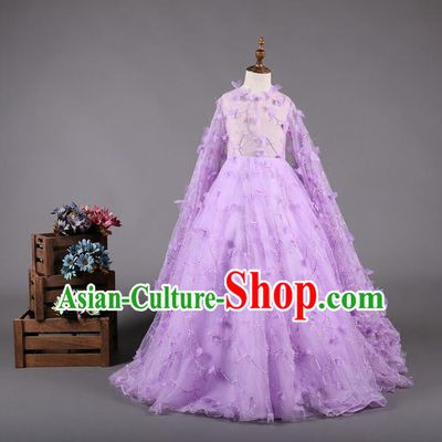 Top Grade Compere Professional Performance Catwalks Costume, Children Chorus Purple Bubble Batwing Sleeve Full Dress Modern Dance Baby Princess Modern Fancywork Dress for Girls Kids