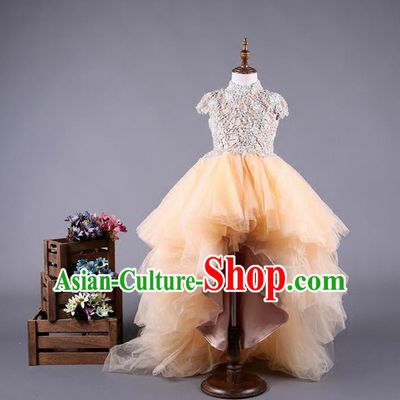 Top Grade Compere Professional Performance Catwalks Costume, Children Chorus Customize Champagne Wedding Bubble Full Dress Modern Dance Baby Princess Modern Fancywork Long Trailing Dress for Girls Kids