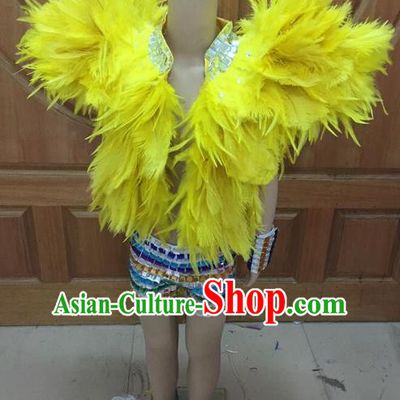 Top Grade Compere Professional Performance Catwalks Swimsuit Costume, Children Chorus Yellow Feather Formal Dress Modern Dance Modern Fancywork Clothing for Boys Kids