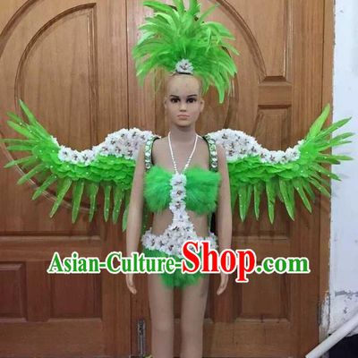 Top Grade Compere Professional Performance Catwalks Swimsuit Costume, Children Chorus Customize Green Bikini Full Dress With Wings Modern Dance Baby Princess Modern Fancywork Long Trailing Clothing for Girls Kids