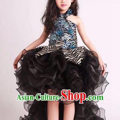 Top Grade Compere Professional Performance Catwalks Long Trailing Costume, Children Chorus Black Veil Full Dress Modern Dance Baby Princess Modern Fancywork Bubble Dress for Girls Kids