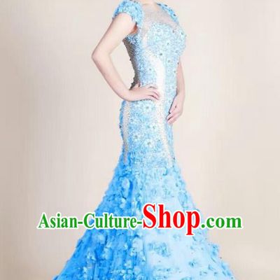Top Grade Compere Professional Performance Catwalks Trailing Costume, Children Chorus Blue Fishtail Full Dress Modern Dance Baby Princess Modern Fancywork Mermaid Dress for Girls Kids
