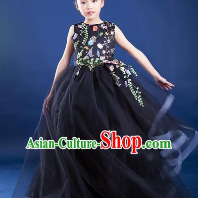 Top Grade Compere Professional Performance Catwalks Trailing Costume, Children Chorus Black Big Swing Veil Fishtail Full Dress Modern Dance Baby Princess Modern Fancywork Long Dress for Girls Kids