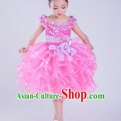 Top Grade Compere Professional Performance Catwalks Costume, Children Chorus Pink Veil Wedding Bubble Full Dress Modern Dance Baby Princess Modern Fancywork Short Ball Gown Dress for Girls Kids