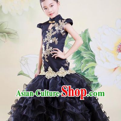 Top Grade Professional Compere Performance China Style Catwalks Costume, Children Chorus Singing Group Black Cheongsam Full Dress Modern Dance Fishtail Dress for Girls Kids