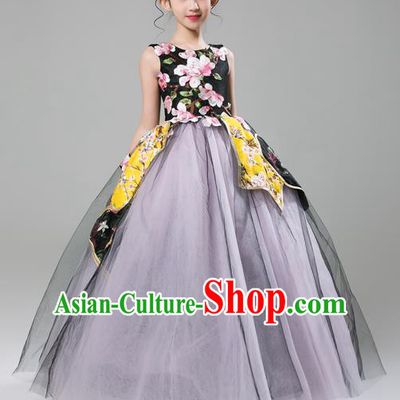 Top Grade Professional Compere Performance Catwalks Costume, Children Chorus Singing Group Bubble Full Dress Modern Dance Ball Gown Dress for Girls Kids
