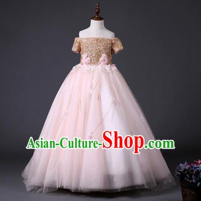 Top Grade Compere Professional Performance Catwalks Costume, Children Chorus Customize Pink Wedding Bubble Full Dress Modern Dance Baby Princess Modern Fancywork Long Dress for Girls Kids