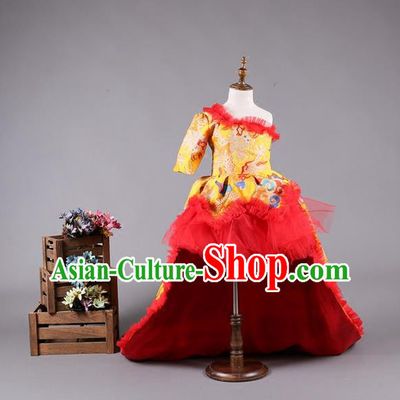 Top Grade Compere Professional Performance Catwalks Costume, China Style Tang Suit Children Chorus Customize Bubble Full Dress Modern Dance Baby Princess Modern Fancywork Long Trailing Dress for Girls Kids