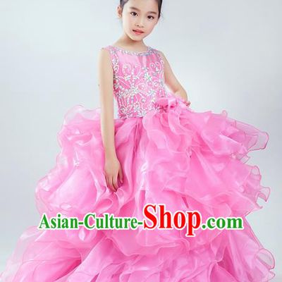 Top Grade Compere Professional Performance Catwalks Costume, Children Chorus Pink Wedding Bubble Veil Fishtail Full Dress Modern Dance Baby Princess Modern Fancywork Long Dress for Girls Kids
