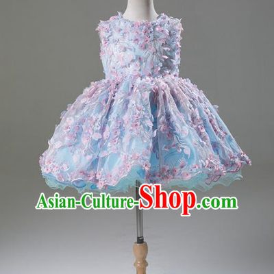 Top Grade Compere Professional Performance Catwalks Costume, Flower Faerie Children Chorus Customize Blue Bubble Full Dress Modern Dance Baby Princess Modern Fancywork Short Ball Gown Dress for Girls Kids
