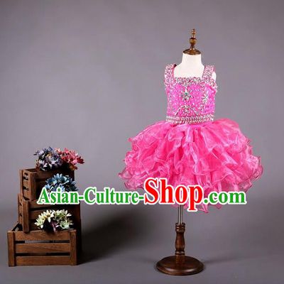Top Grade Compere Professional Performance Catwalks Costume, Flower Faerie Children Chorus Customize Pink Bubble Full Dress Modern Dance Baby Princess Modern Fancywork Short Ball Gown Dress for Girls Kids