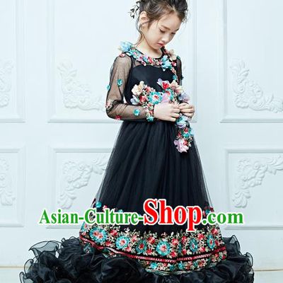 Top Grade Professional Compere Performance Catwalks Embroidery Costume, Children Chorus Customize Flower Fairy Wedding Black Veil Bubble Trailing Full Dress Modern Dance Baby Queen Modern Fancywork Long Ball Gown Dress for Girls Kids