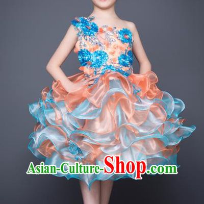 Top Grade Compere Professional Performance Catwalks Costume, Children Chorus Blue Feather Bubble Full Dress Modern Dance Baby Princess Modern Fancywork Short Dress for Girls Kids