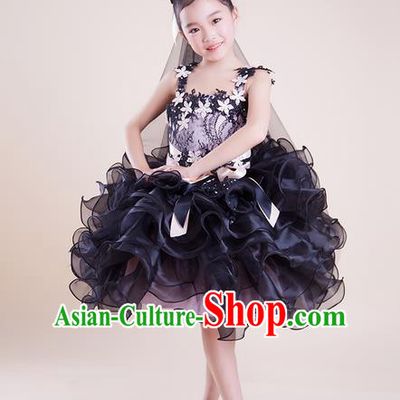 Top Grade Compere Professional Performance Catwalks Costume, Children Chorus Black Bubble Full Dress Modern Dance Baby Princess Modern Fancywork Short Dress for Girls Kids
