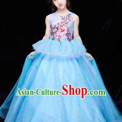 Top Grade Compere Professional Performance Catwalks Swimsuit Costume, Children Chorus Flower Faerie Customize Blue Wedding Veil Full Dress Modern Dance Baby Princess Modern Fancywork Long Trailing Clothing for Girls Kids