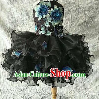 Top Grade Compere Professional Performance Catwalks Customize Costume, Children Chorus Black Bubble Full Dress Modern Dance Modern Fancywork Little Princess Short Ball Gown for Girls Kids