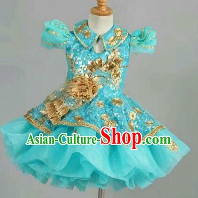 Top Grade Professional Compere Performance Catwalks Customize Costume, Children Chorus Blue Full Dress Modern Dance Modern Fancywork Little Princess Short Ball Gown for Girls Kids