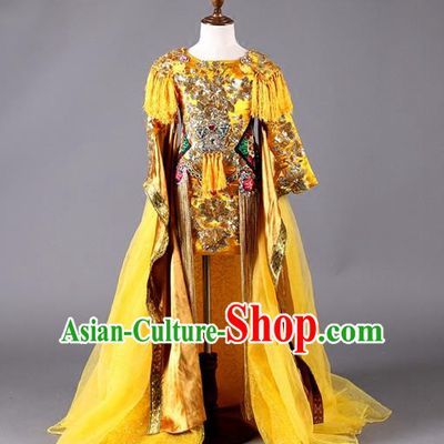 Top Grade Professional Compere Performance Catwalks Customize Costume, China Style Tang Suit Children Chorus Golden Full Dress Modern Dance Modern Fancywork Little Princess Long Trailing Clothing for Girls Kids