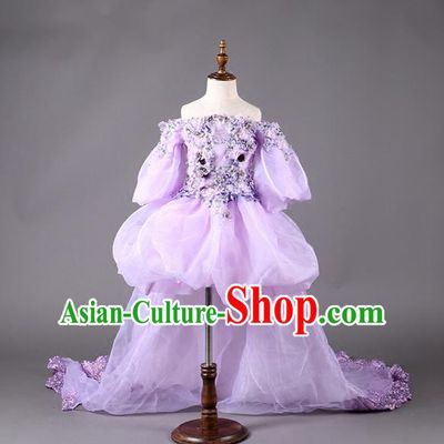 Top Grade Professional Compere Performance Catwalks Customize Costume, Children Chorus Purple Full Dress Modern Dance Modern Fancywork Little Princess Long Trailing Ball Gown for Girls Kids