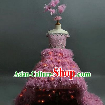 Top Grade Professional Compere Performance Catwalks Customize Costume, Children Chorus Pink Bubble Full Dress Modern Dance Modern Fancywork Little Princess Long Trailing Dress for Girls Kids