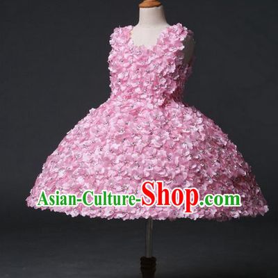 Top Grade Professional Compere Performance Catwalks Customize Costume, Children Chorus Pink Bubble Full Dress Modern Dance Modern Fancywork Little Princess Short Ball Gown for Girls Kids