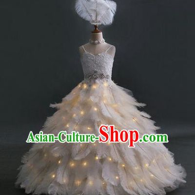Top Grade Professional Compere Performance Catwalks Customize Feather Costume, Children Chorus Bubble Full Dress Modern Dance Modern Fancywork Little Princess Long Ball Gown for Girls Kids