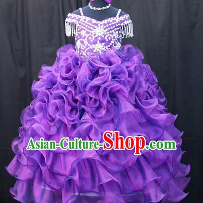 Top Grade Professional Compere Performance Catwalks Customize Feather Costume, Children Chorus Purple Bubble Full Dress Modern Dance Modern Fancywork Little Princess Long Ball Gown for Girls Kids