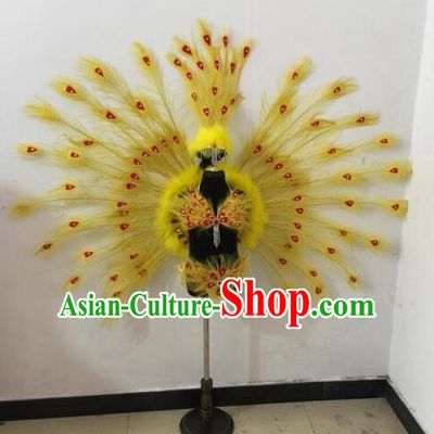 Top Grade Compere Professional Performance Catwalks Swimsuit Bikini Costume, Children Chorus Customize Yellow Peacock Feather Full Dress Modern Dance Baby Princess Modern Fancywork Clothing Complete Set for Girls Kids