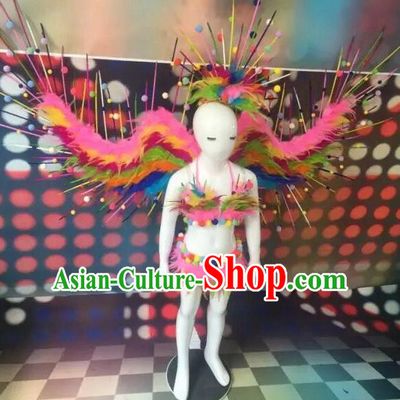 Top Grade Compere Professional Performance Catwalks Swimsuit Bikini Costume, Children Chorus Customize with Peacock Feather Wings Full Dress Modern Dance Baby Princess Modern Fancywork Clothing Complete Set for Girls Kids