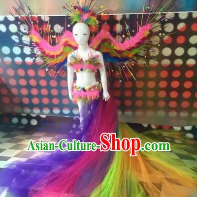 Top Grade Compere Professional Performance Catwalks Swimsuit Bikini Costume, Children Chorus Customize with Peacock Feather Wings Full Dress Modern Dance Baby Princess Modern Fancywork Long Trailing Clothing Complete Set for Girls Kids