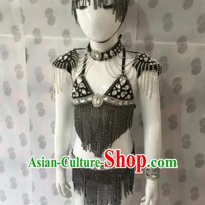 Top Grade Compere Professional Performance Catwalks Swimsuit Bikini Costume, Children Chorus Customize Black Feather Wings Full Dress Modern Dance Baby Princess Modern Fancywork Clothing Complete Set for Girls Kids