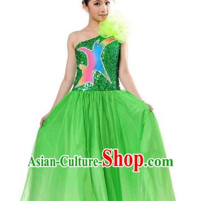 Chinese Classic Stage Performance Chorus Singing Group Dance Costumes, Opening Dance Competition Green Dress, Classic Dance Clothing for Women