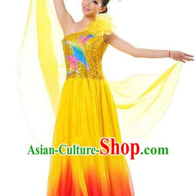 Chinese Classic Stage Performance Chorus Singing Group Dance Costumes, Opening Dance Competition Yellow Dress, Classic Dance Clothing for Women