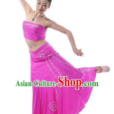 Traditional Chinese Dai Nationality Peacock Dancing Costume, Folk Dance Ethnic Costume, Chinese Minority Nationality Dancing Pink Dress for Women